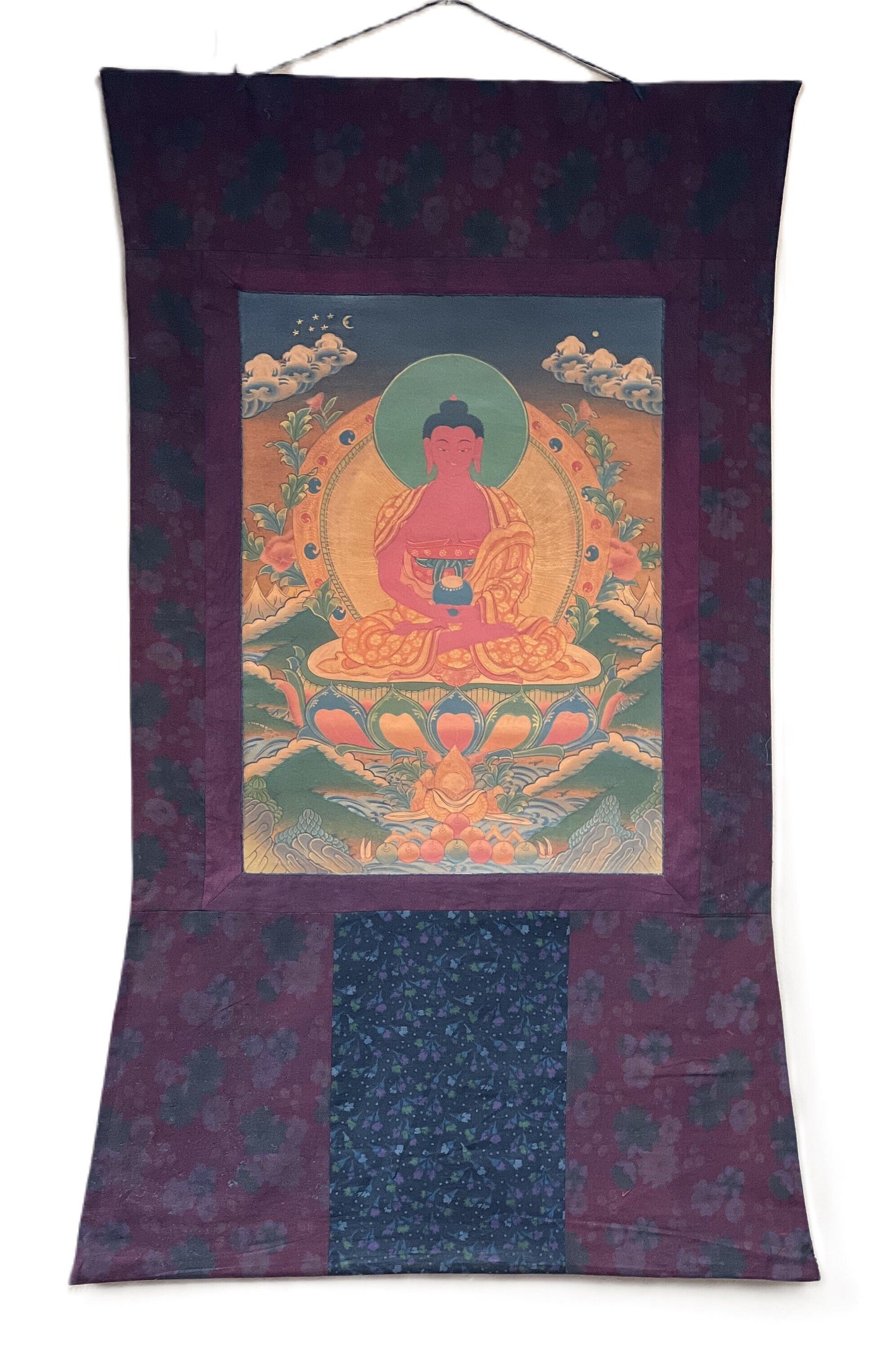 Original Hand-Painted Amitabha Buddha Old Oil-Varnished Tibetan Compassion / Meditation Thangka / Thanka Painting with Cotton Brocade