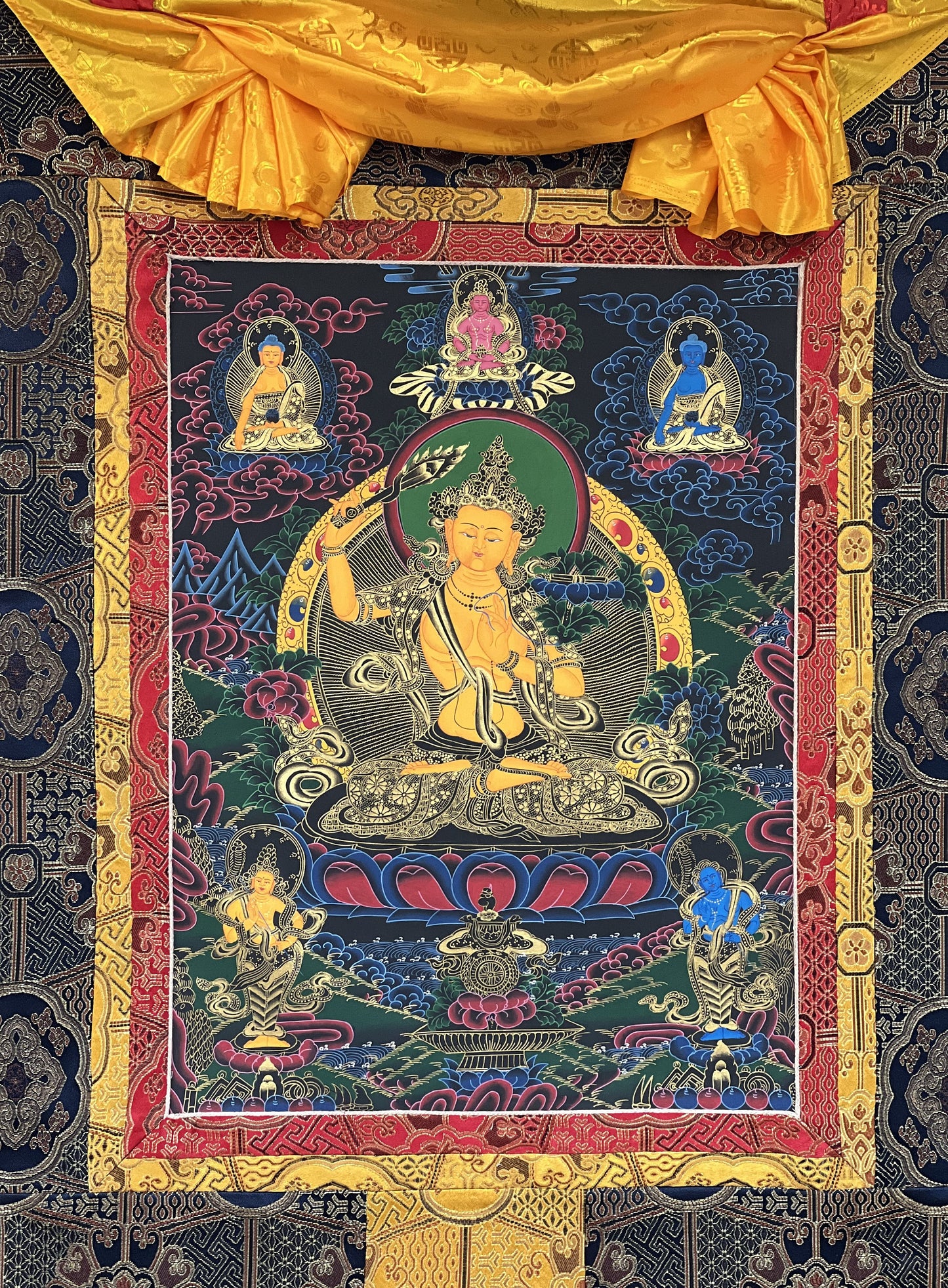 Original Hand Painted Manjushri / God Of Wisdom  Compassion / Meditation Wall Hanging Thangka / Painting with High-Quality Silk Brocade