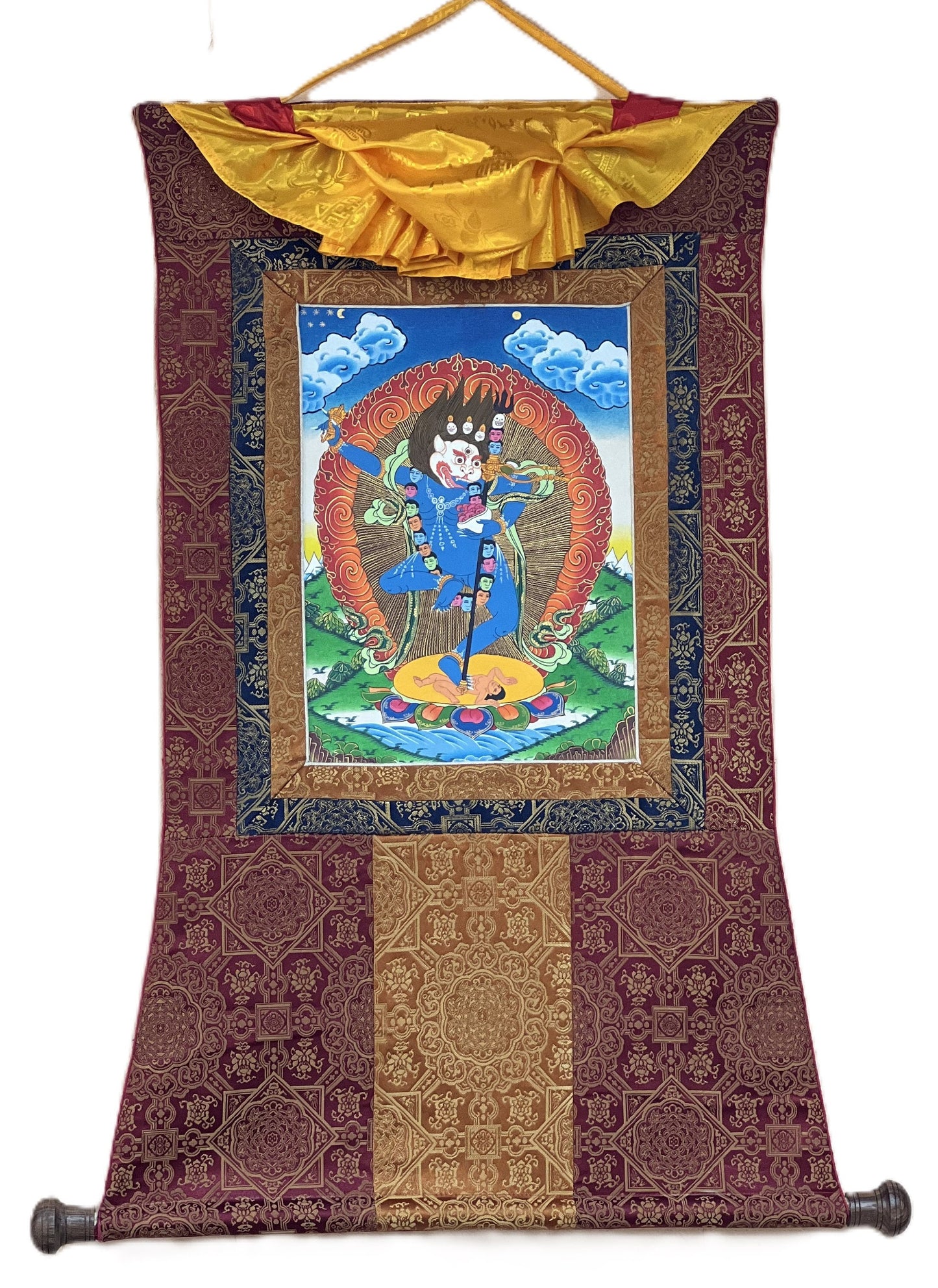 Original Hand Painted Lion Face Dakini  / Simha Mukhi Jogini / Tibetan Compassion Meditation Thangka / Thanka Painting  Premium Silk Brocade