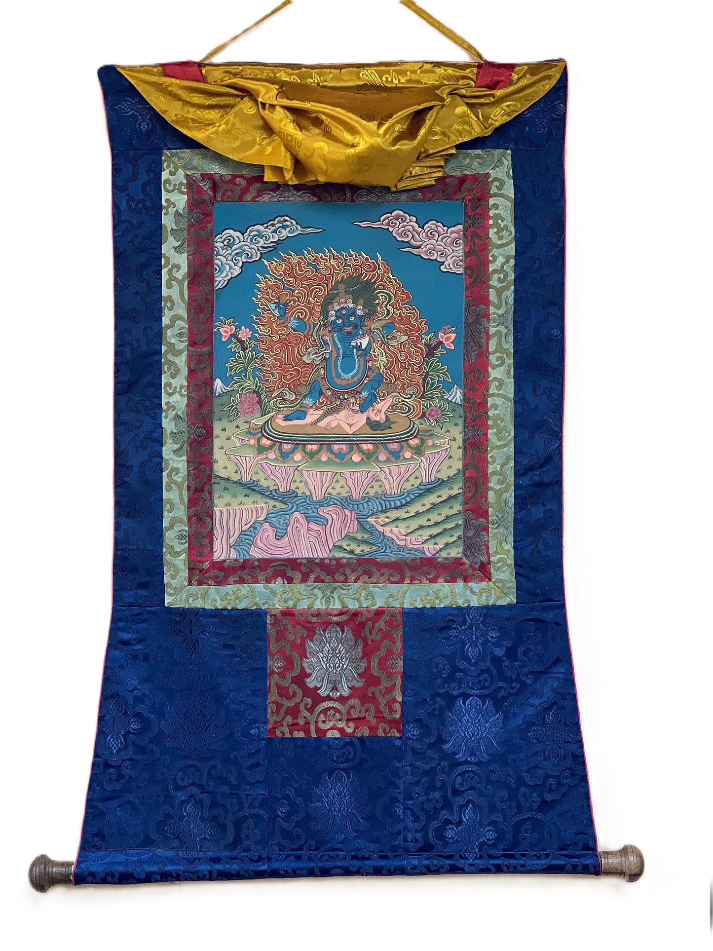 Original Hand Painted Semi-Antique VAJRAPANI Dharmapala Tibetan Thangka / Thanka  Painting with  Silk Brocade