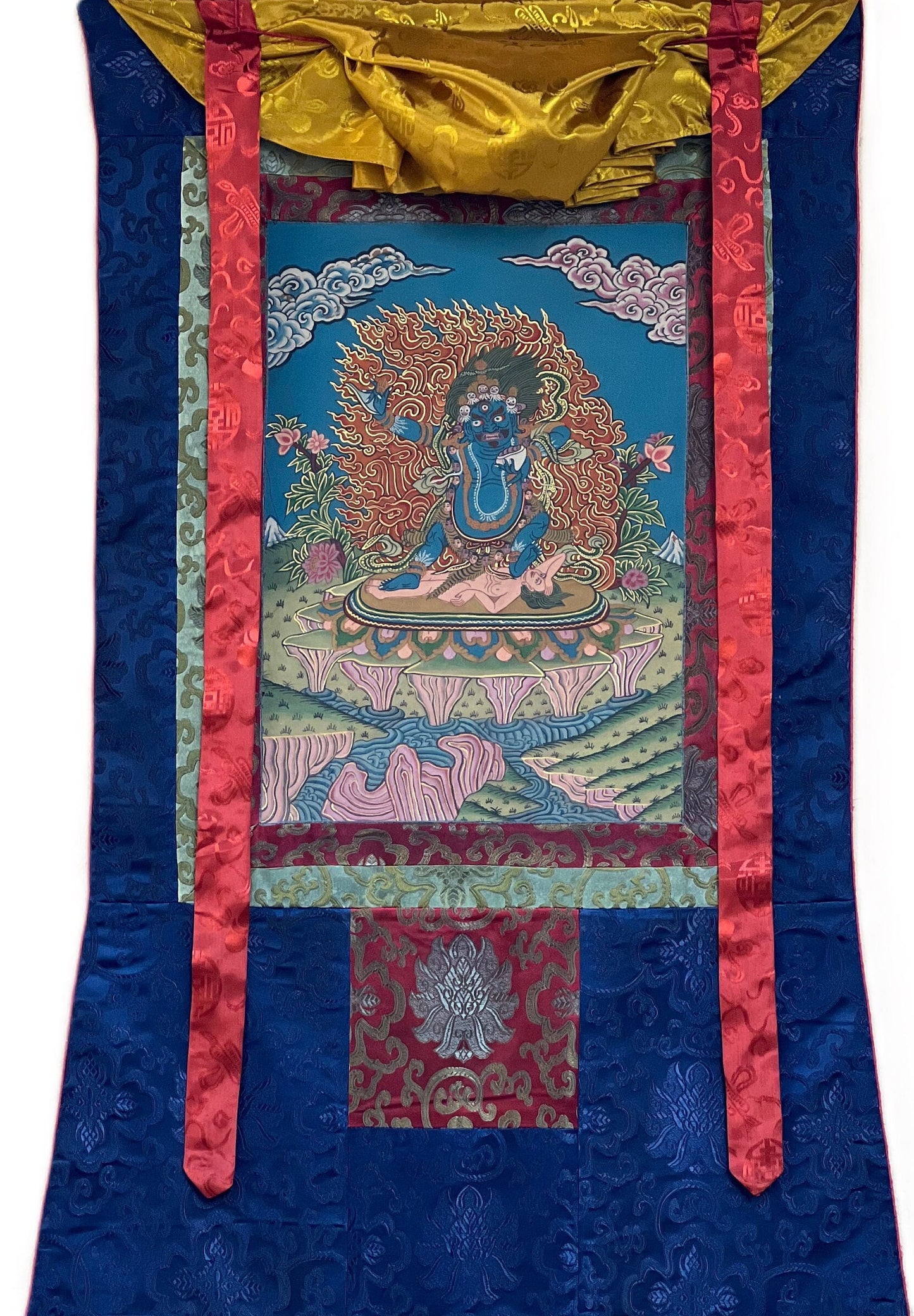 Original Hand Painted Semi-Antique VAJRAPANI Dharmapala Tibetan Thangka / Thanka  Painting with  Silk Brocade