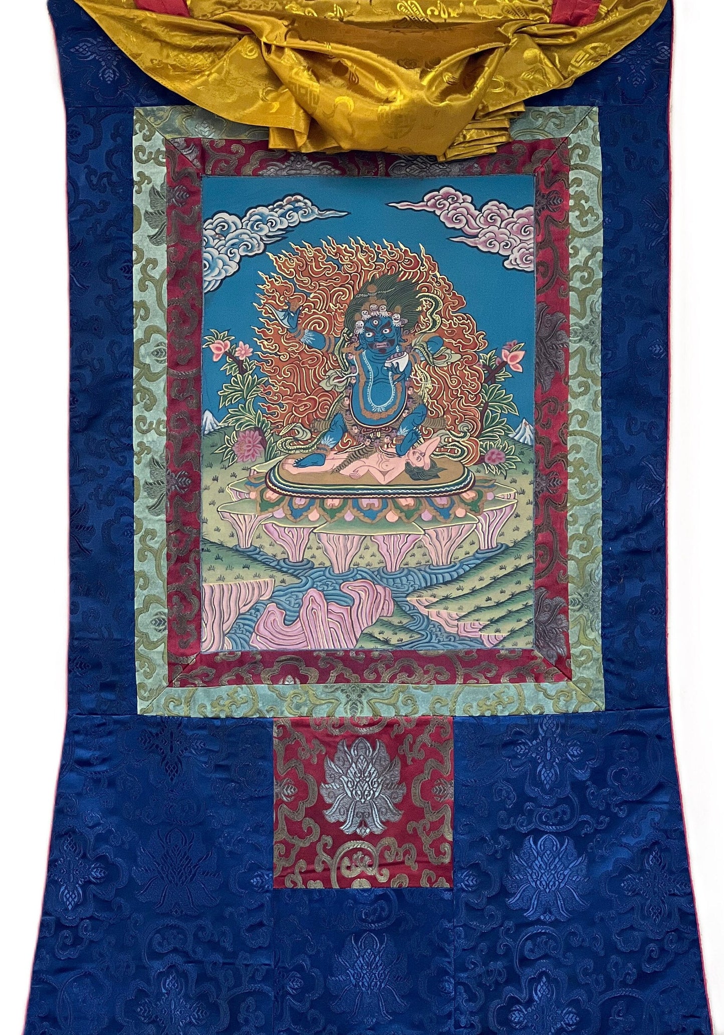 Original Hand Painted Semi-Antique VAJRAPANI Dharmapala Tibetan Thangka / Thanka  Painting with  Silk Brocade