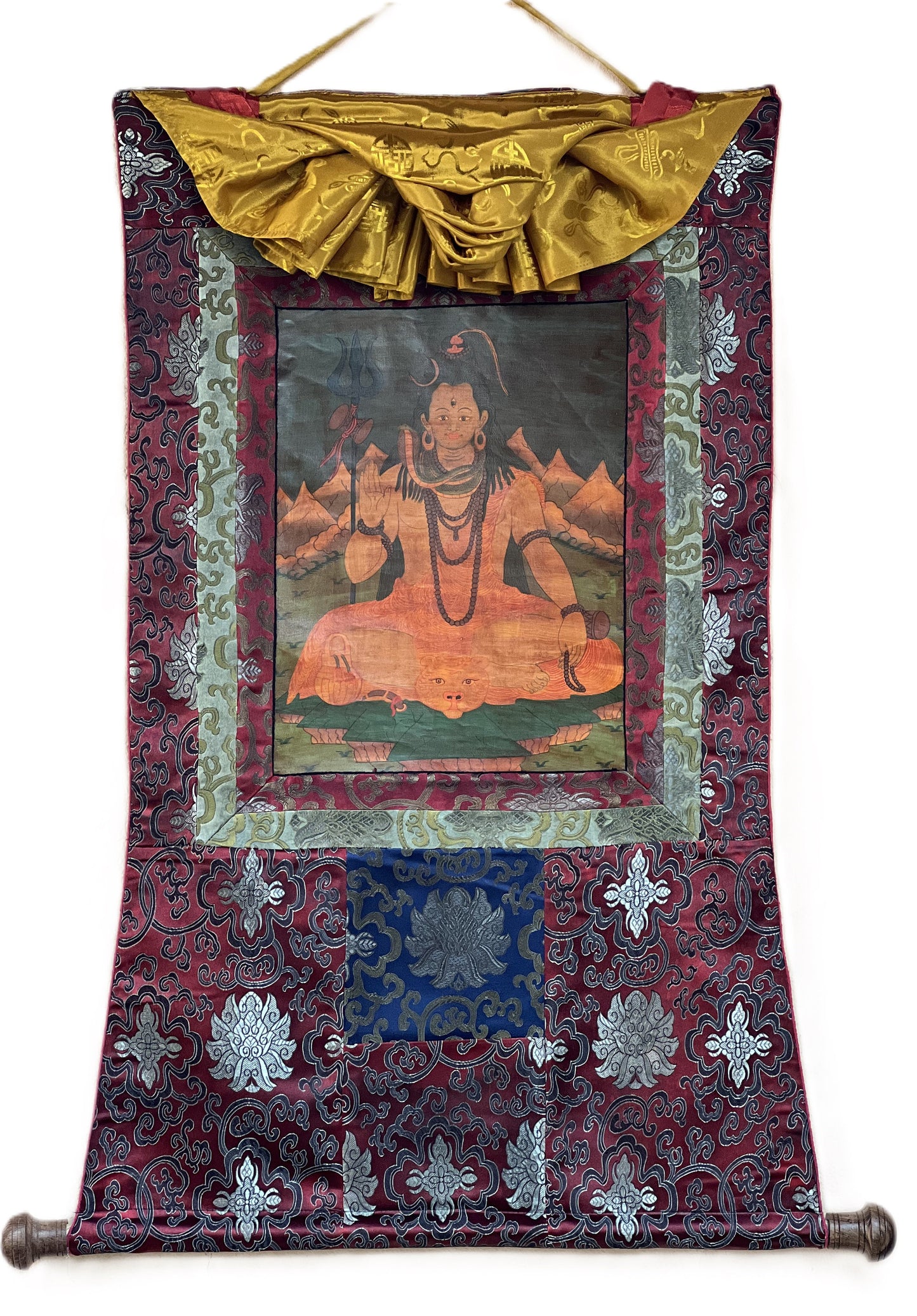 Original Hand-painted Lord Shiva, Shankar Old Oil-Varnished Thangka Painting Hindu Art with Silk Brocade