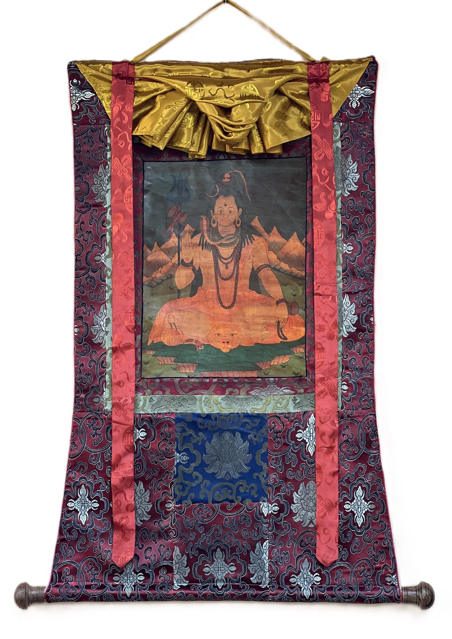 Original Hand-painted Lord Shiva, Shankar Old Oil-Varnished Thangka Painting Hindu Art with Silk Brocade