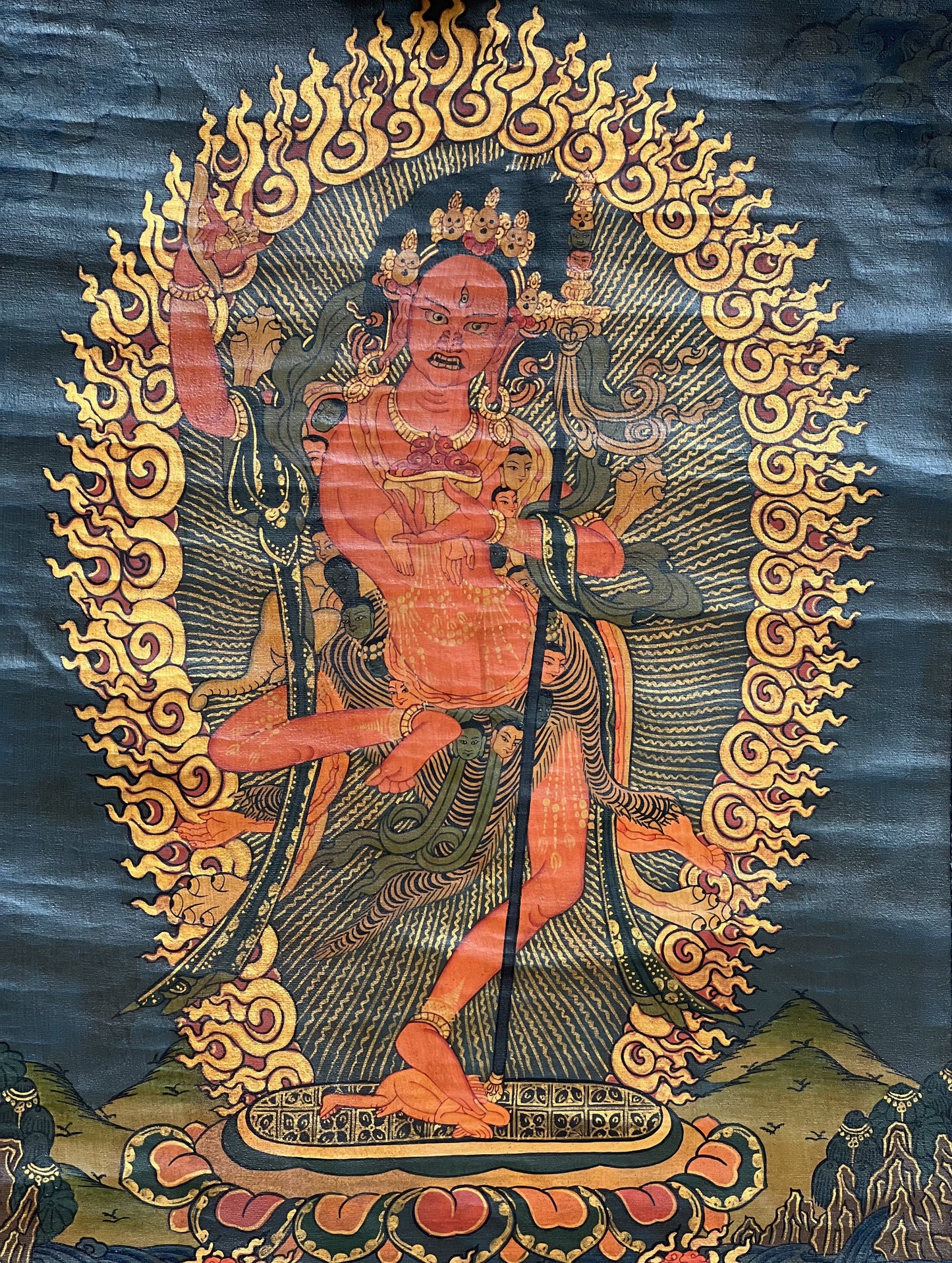 Original Hand Painted VAJRAVARAHI Jogini Ma / Dorje Phagmo Female Buddha Tibetan Thangka Old Oil Varnished With Premium Silk Brocade