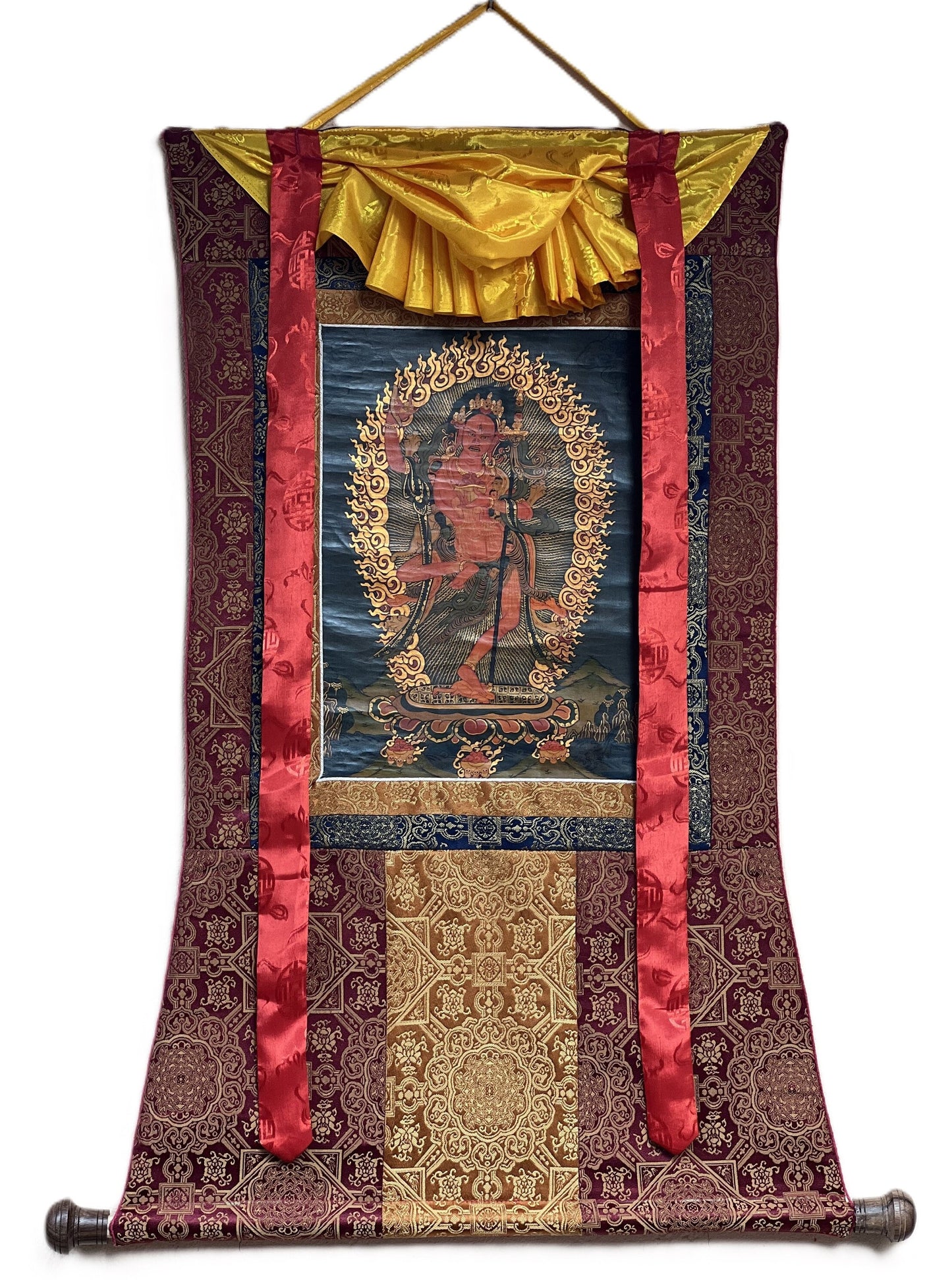 Original Hand Painted VAJRAVARAHI Jogini Ma / Dorje Phagmo Female Buddha Tibetan Thangka Old Oil Varnished With Premium Silk Brocade