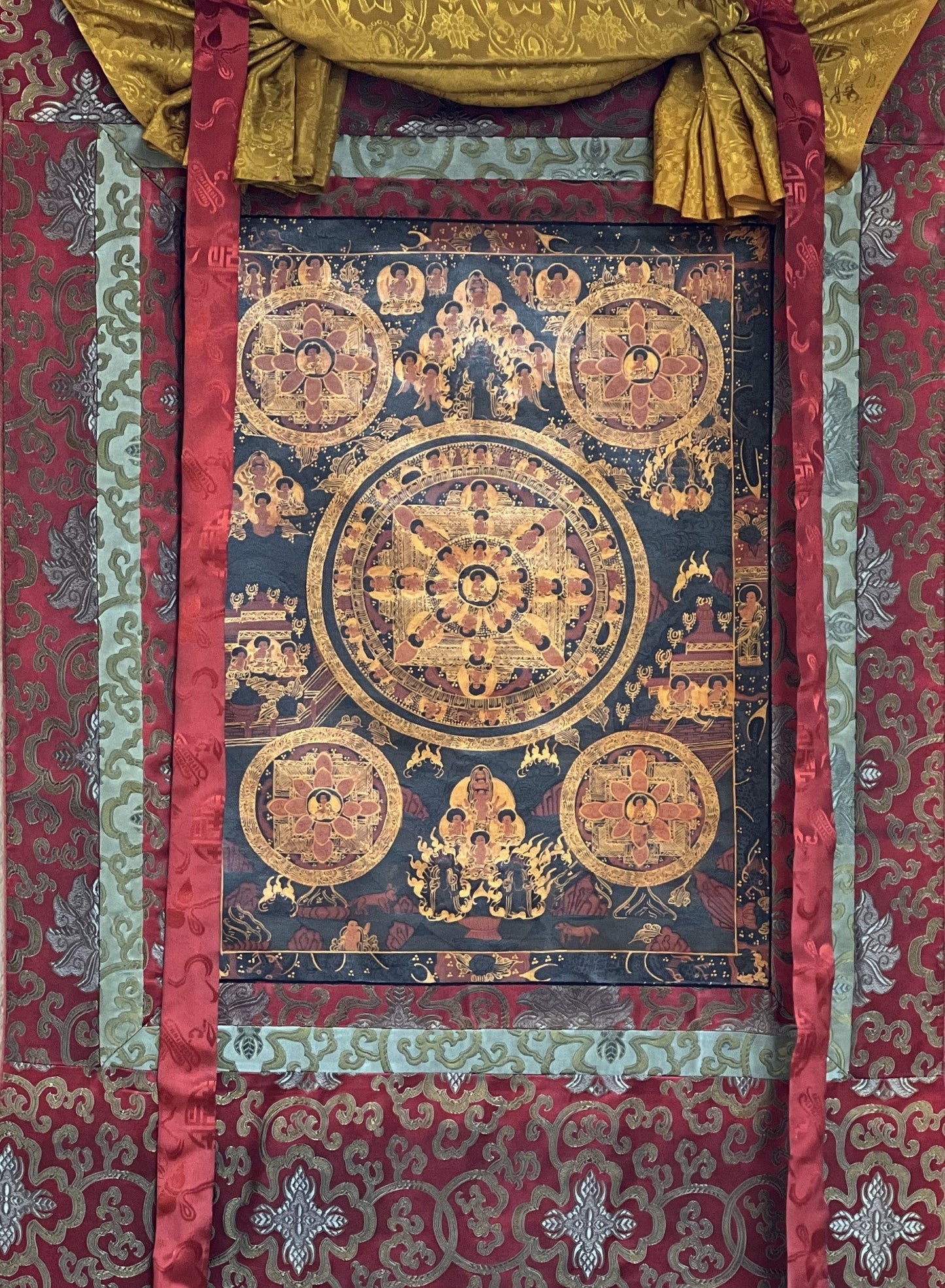 Original Hand-painted Buddha Life Bhavacakra Mandala Old Oil Varnished Tibetan Thangka Painting with Silk Brocade