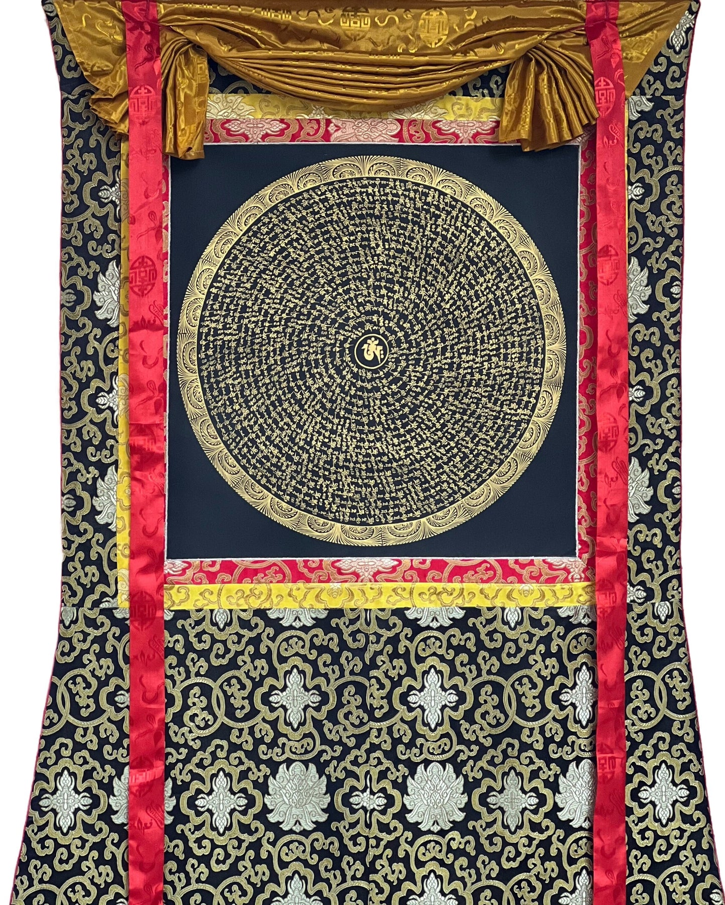 Original Hand Painted Black and Gold Om Mantra  Mandala Tibetan Wall Hanging Meditation Compassion Thangka Painting  with Silk Brocade