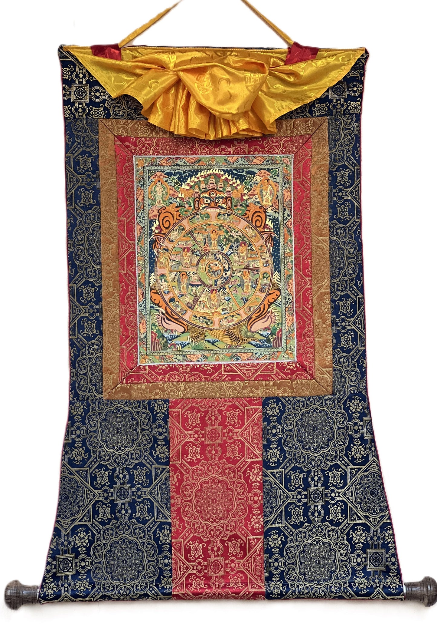 Original Hand-painted  Wheel of Life  Bhavachakra Riduk Mandala Tibetan Thangka Painting with Premium Silk Brocade