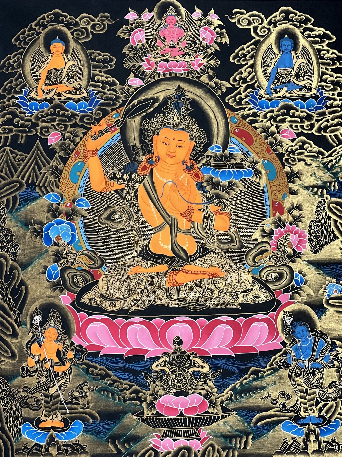 Original Hand-painted Manjushri/ Manjushree Bodhisattva Compassion Meditation Tibetan Thangka Painting with Silk Brocade