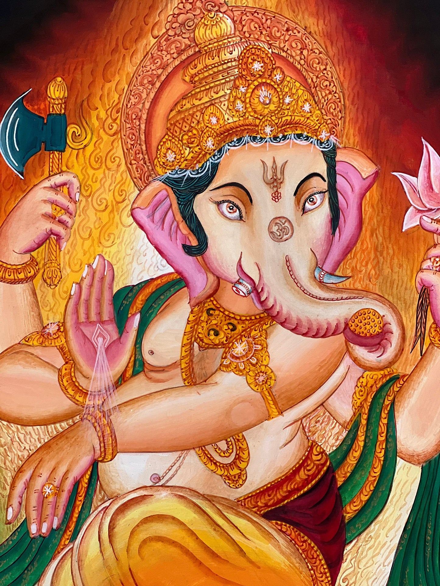 Original Hand-Painted Lord Ganesha/ Ganapati/ Vinayaka/ Vighnaharta Masterpiece Newari Paubha Thangka Painting