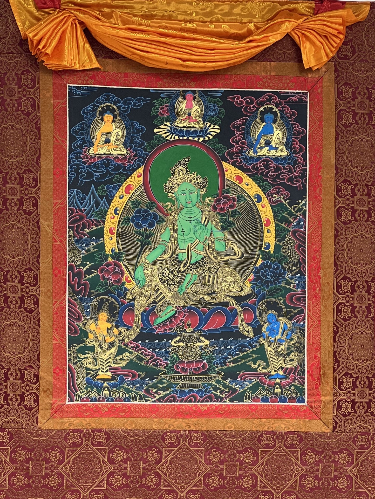 Hand painted Original Green Tara Masterpiece Tibetan Wall Hanging Thangka Painting Compassion Meditation Art with Narrow Silk Border