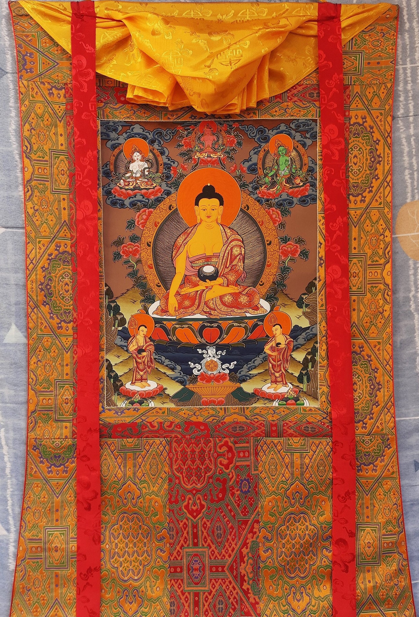 Original Hand Painted Shakyamuni / Gautama Buddha/ Tibetan Wall Hanging Compassion Meditation Thangka / Thanka Painting with Silk Frame