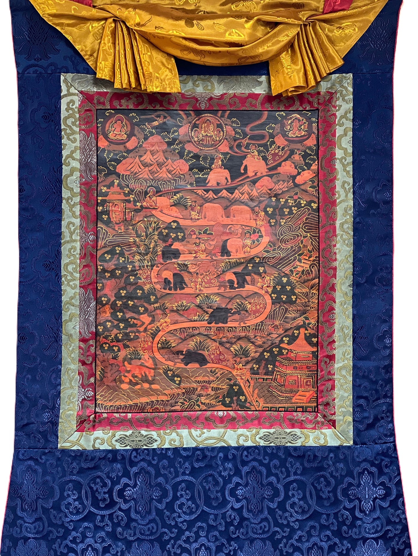 Original Hand-painted  Samatha Meditation/ Way to Heaven/ Elephant Path Old Oil-Varnished Tibetan Thangka Painting With Silk Brocade