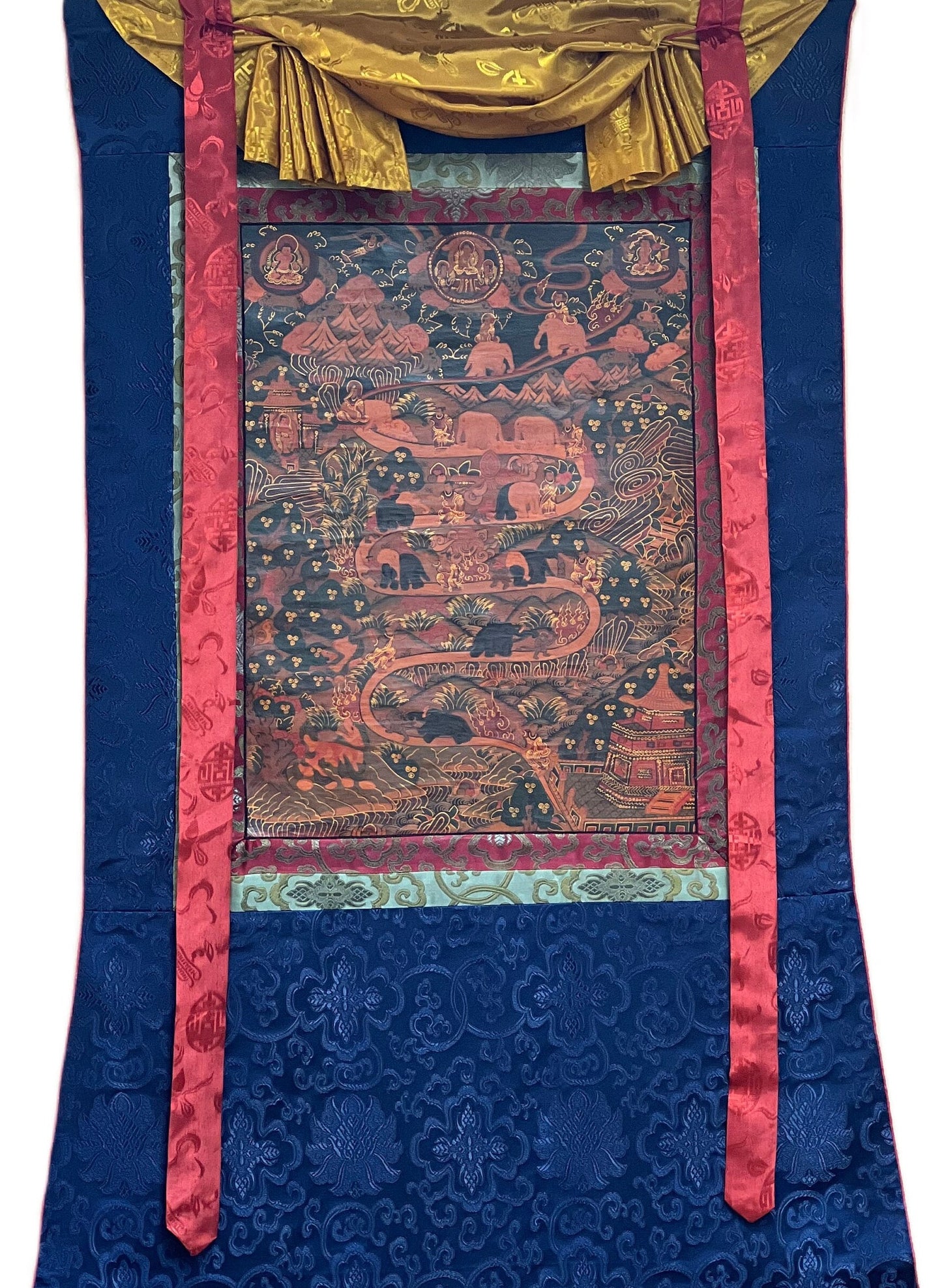 Original Hand-painted  Samatha Meditation/ Way to Heaven/ Elephant Path Old Oil-Varnished Tibetan Thangka Painting With Silk Brocade