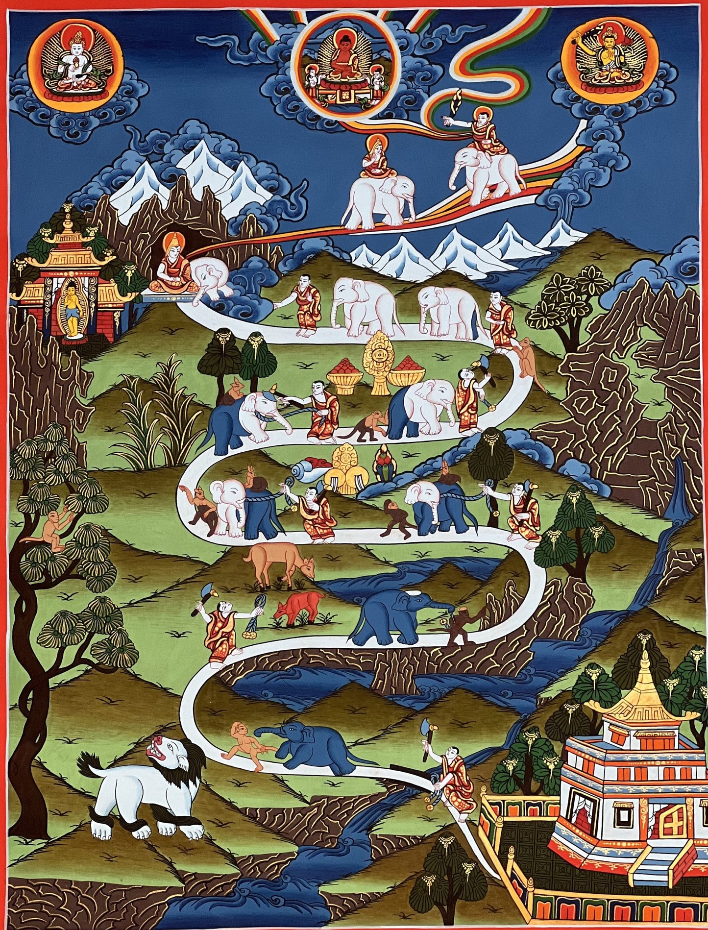 Original Hand-painted Elephant Path/ Samatha Meditation/ Way to Heaven High- Quality  Masterpiece Tibetan Thangka Painting