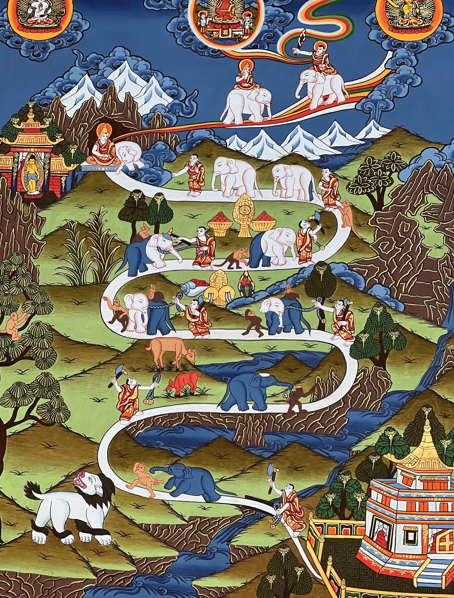 Original Hand-painted Elephant Path/ Samatha Meditation/ Way to Heaven High- Quality  Masterpiece Tibetan Thangka Painting