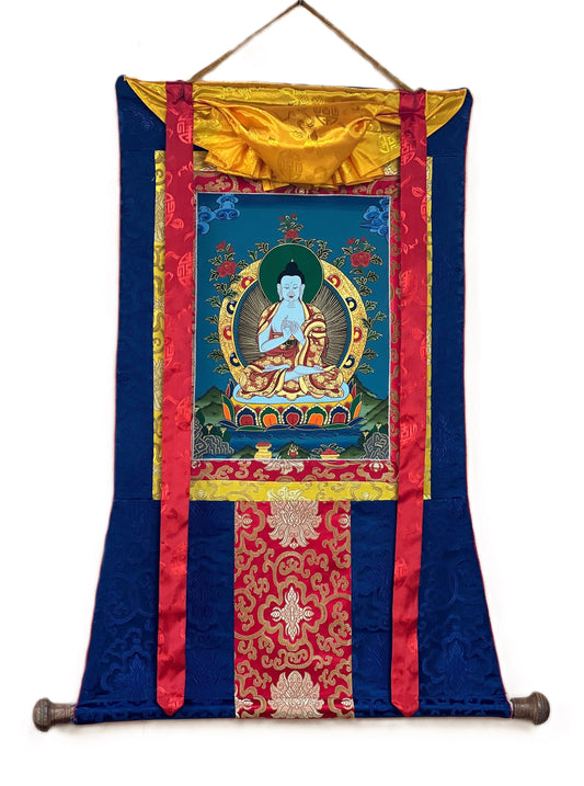 Original Hand-painted High Quality Mahavairochana/ VAIROCHANA  Enlightment Buddha Tibetan Thangka Painting with Silk Brocade