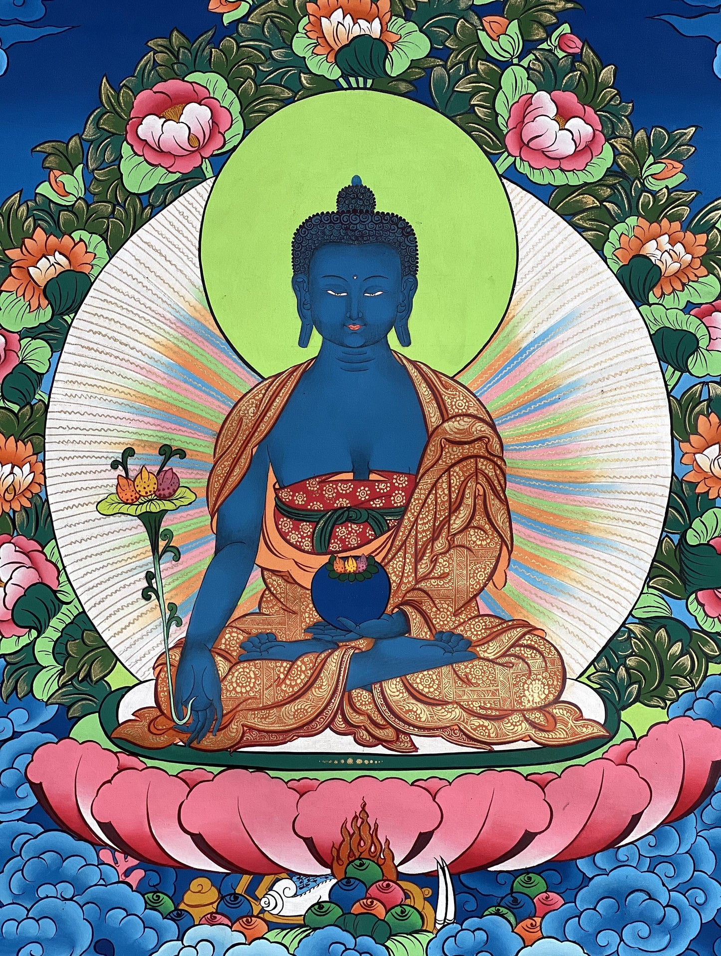 Original Hand-Painted Medicine Buddha / Bhaisajyaguru Masterpiece Tibetan Thangka Painting Compassion Meditation Healing Art From Nepal