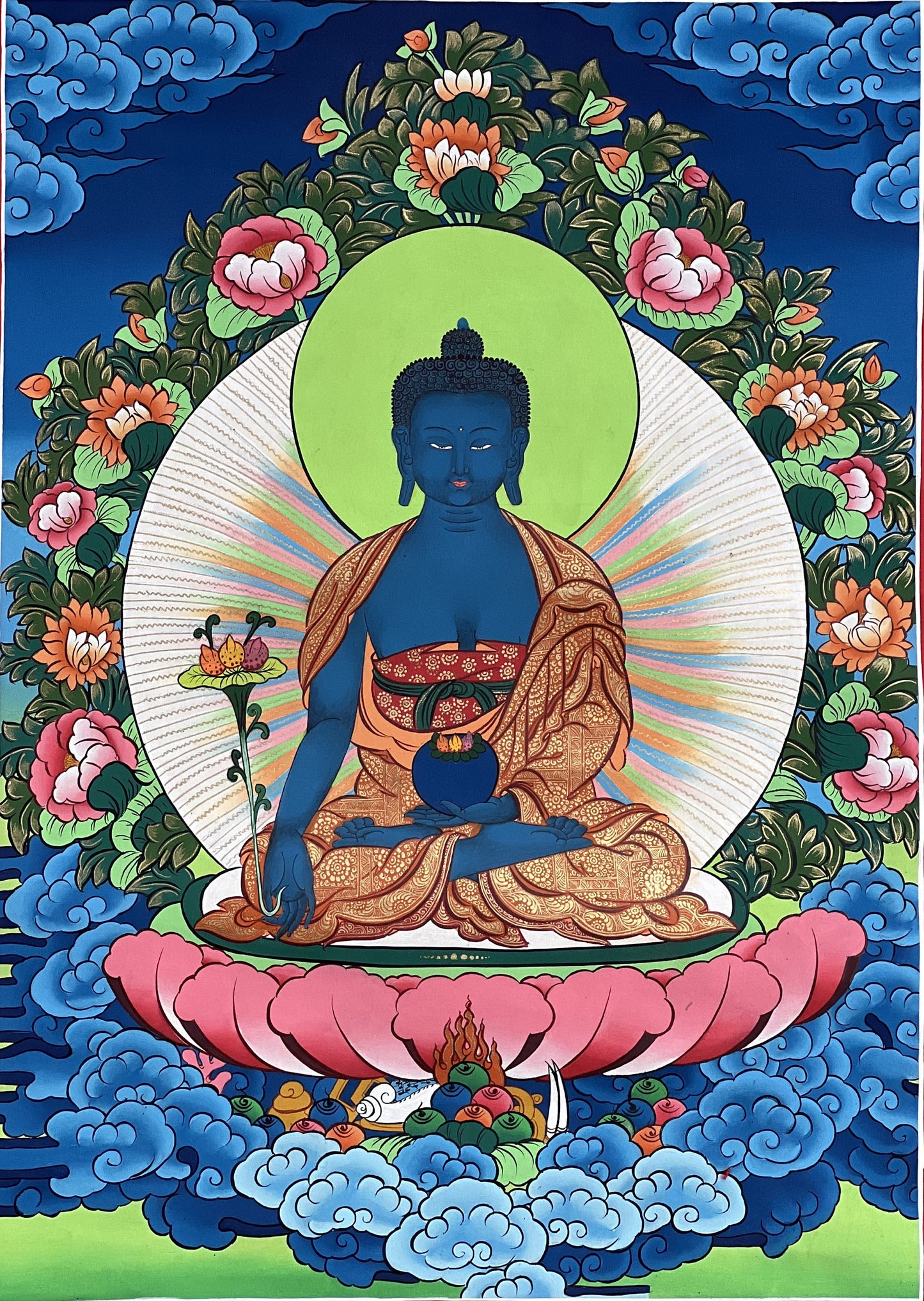 Original Hand-Painted Medicine Buddha / Bhaisajyaguru Masterpiece Tibetan Thangka Painting Compassion Meditation Healing Art From Nepal