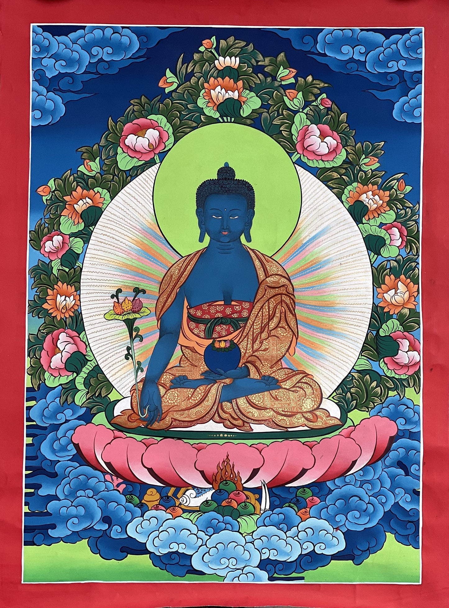 Original Hand-Painted Medicine Buddha / Bhaisajyaguru Masterpiece Tibetan Thangka Painting Compassion Meditation Healing Art From Nepal