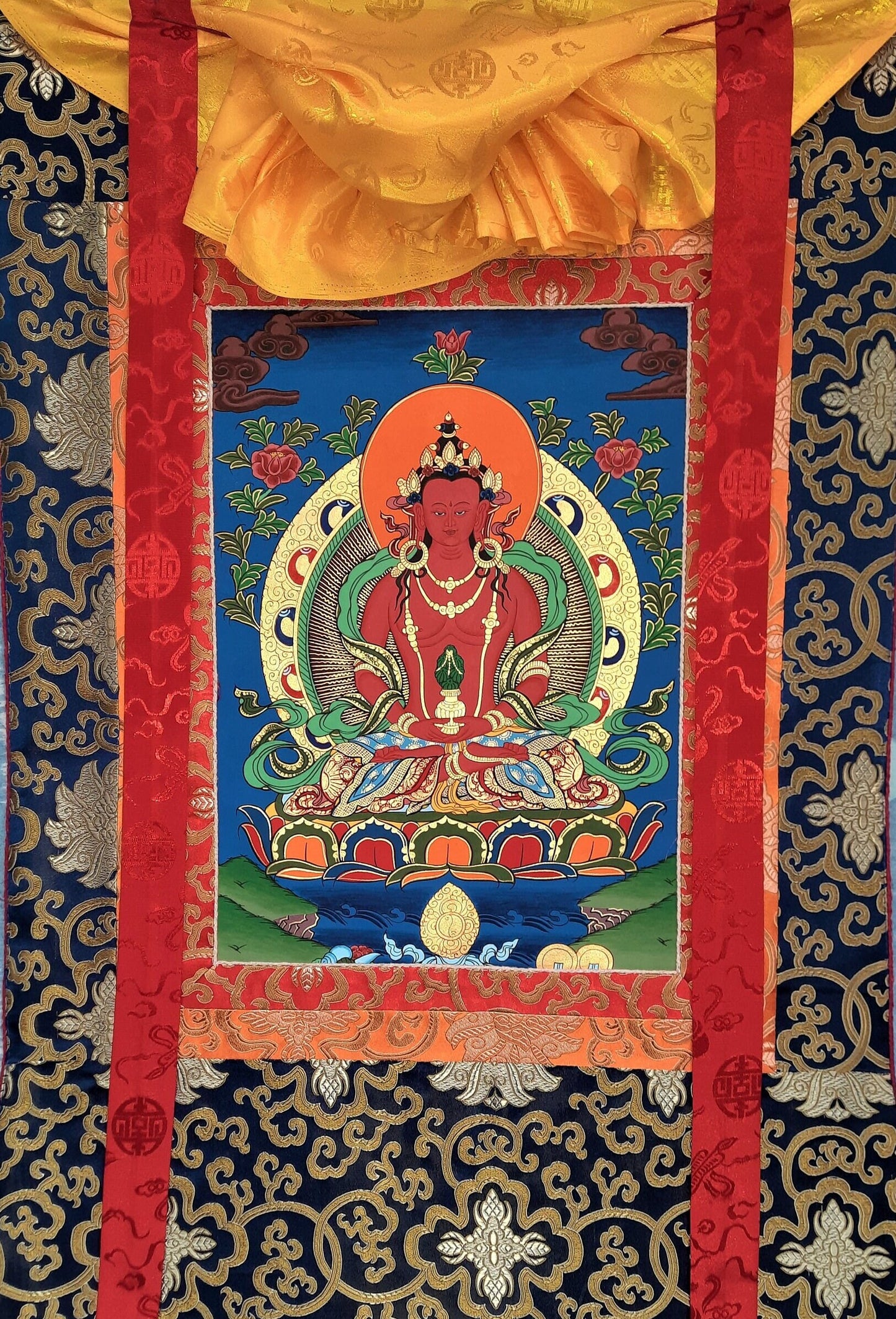 Original Hand Painted Amitabha Buddha Compassion / Meditation Wall hanging Tibetan Thangka / Thanka  Painting With Silk Border  From Nepal