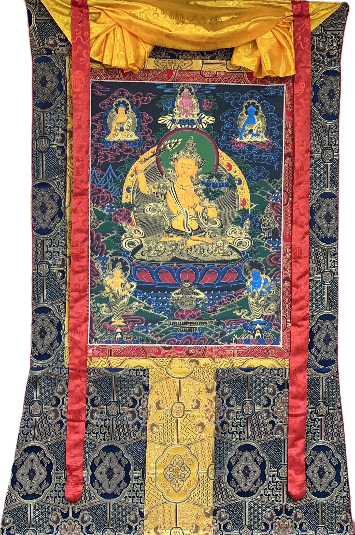 Original Hand Painted Manjushri / God Of Wisdom  Compassion / Meditation Wall Hanging Thangka / Painting with High-Quality Silk Brocade