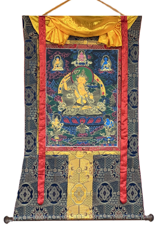 Original Hand Painted Manjushri / God Of Wisdom  Compassion / Meditation Wall Hanging Thangka / Painting with High-Quality Silk Brocade