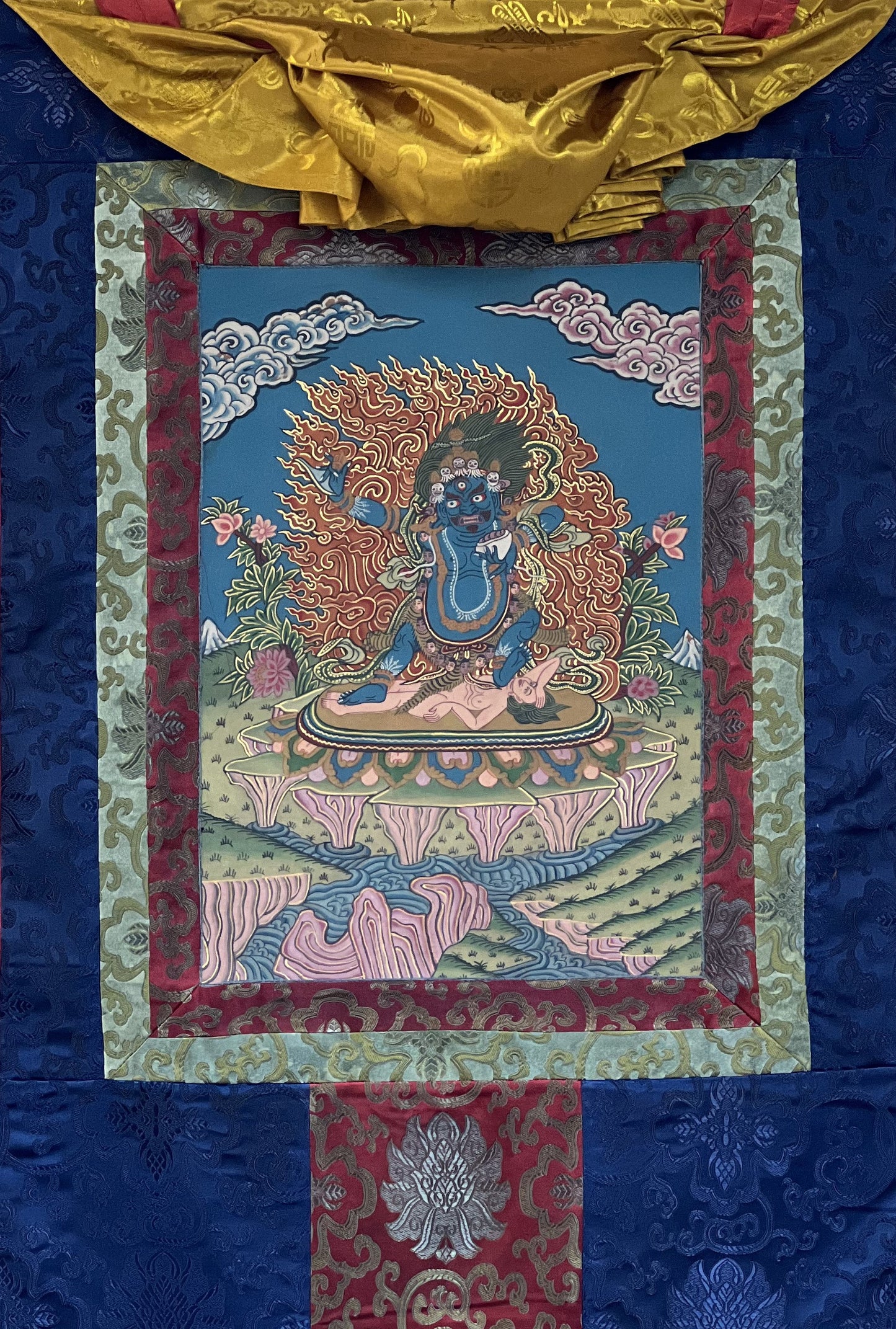 Original Hand Painted Semi-Antique VAJRAPANI Dharmapala Tibetan Thangka / Thanka  Painting with  Silk Brocade