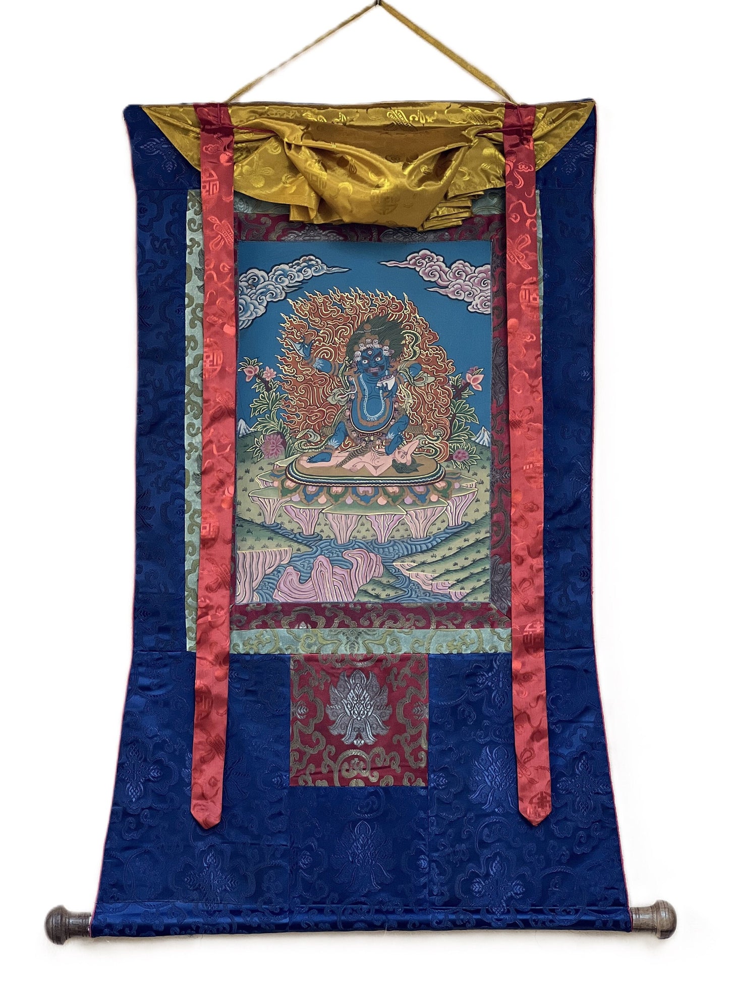 Original Hand Painted Semi-Antique VAJRAPANI Dharmapala Tibetan Thangka / Thanka  Painting with  Silk Brocade