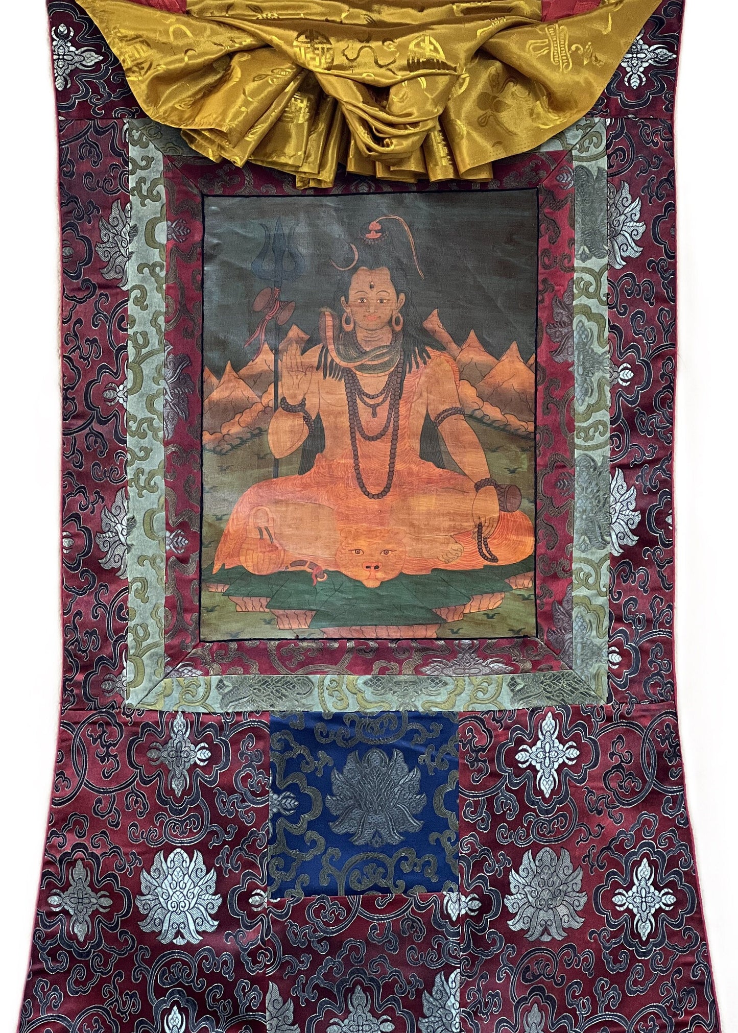 Original Hand-painted Lord Shiva, Shankar Old Oil-Varnished Thangka Painting Hindu Art with Silk Brocade