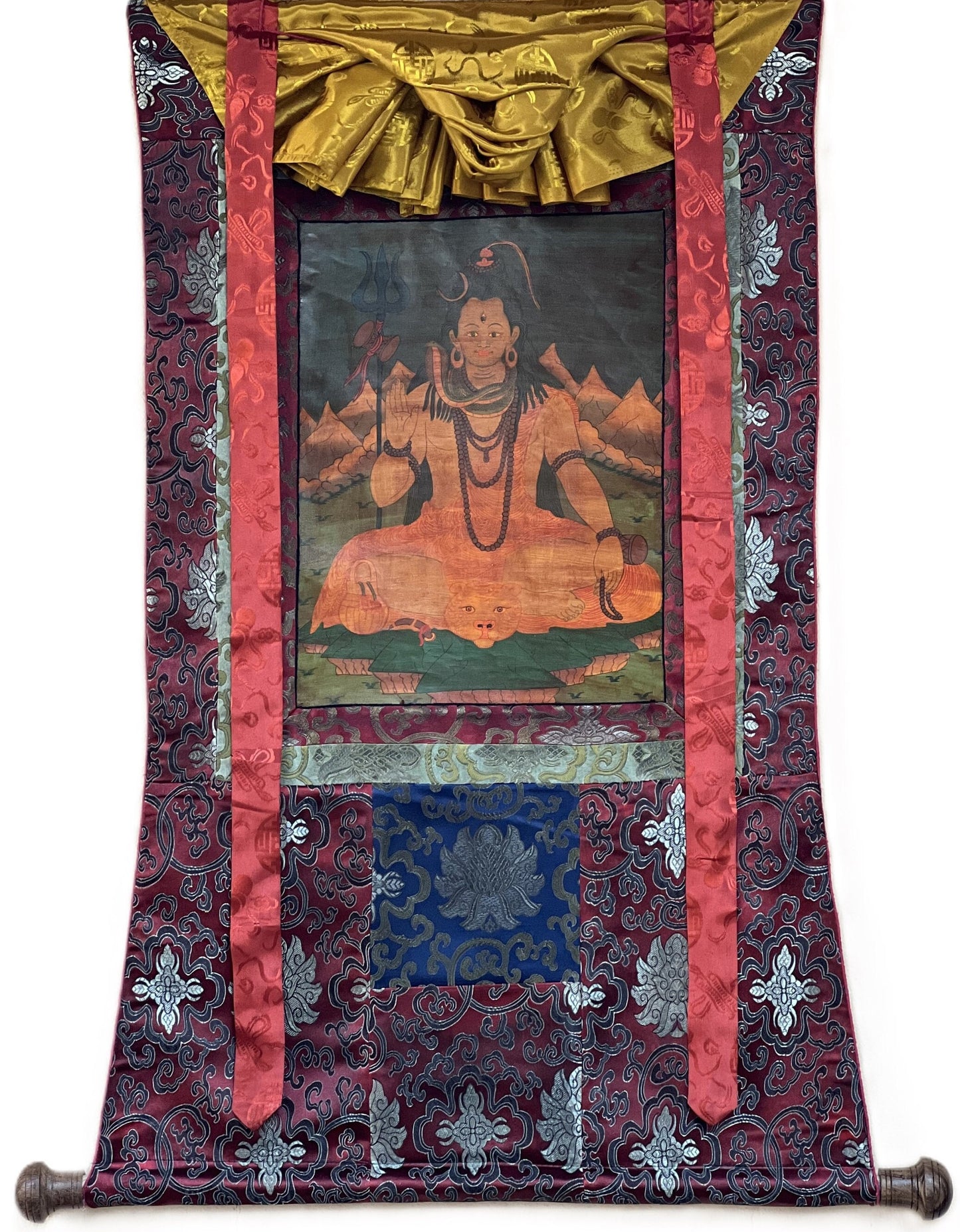 Original Hand-painted Lord Shiva, Shankar Old Oil-Varnished Thangka Painting Hindu Art with Silk Brocade