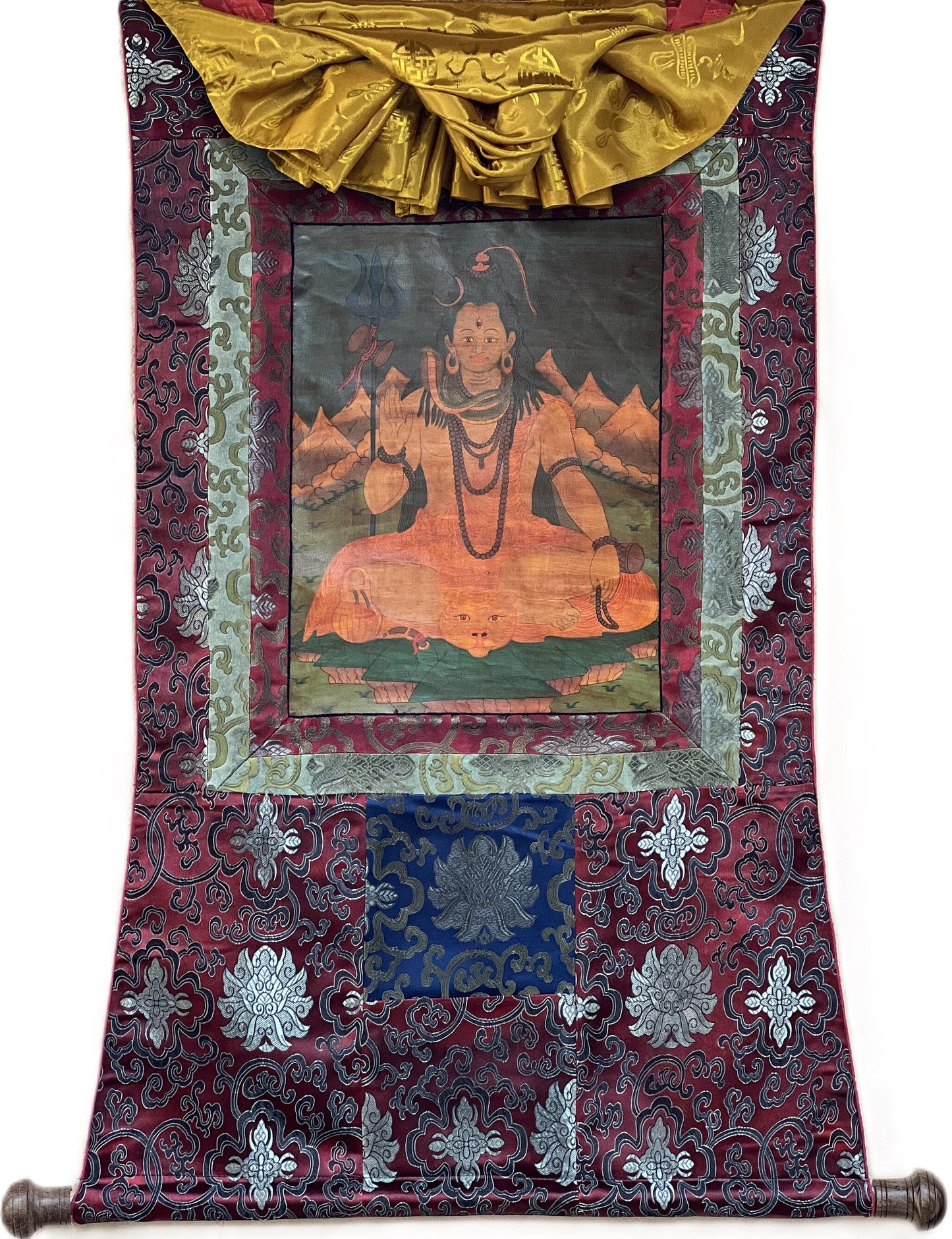 Original Hand-painted Lord Shiva, Shankar Old Oil-Varnished Thangka Painting Hindu Art with Silk Brocade