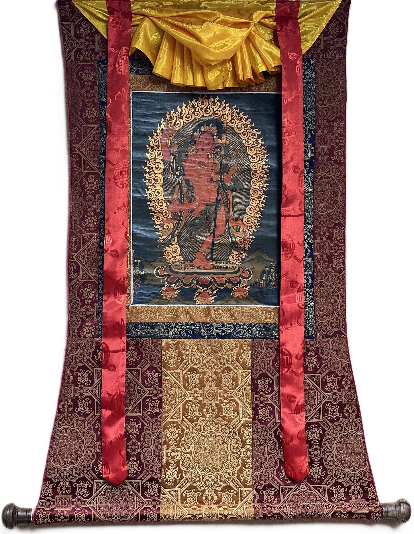 Original Hand Painted VAJRAVARAHI Jogini Ma / Dorje Phagmo Female Buddha Tibetan Thangka Old Oil Varnished With Premium Silk Brocade