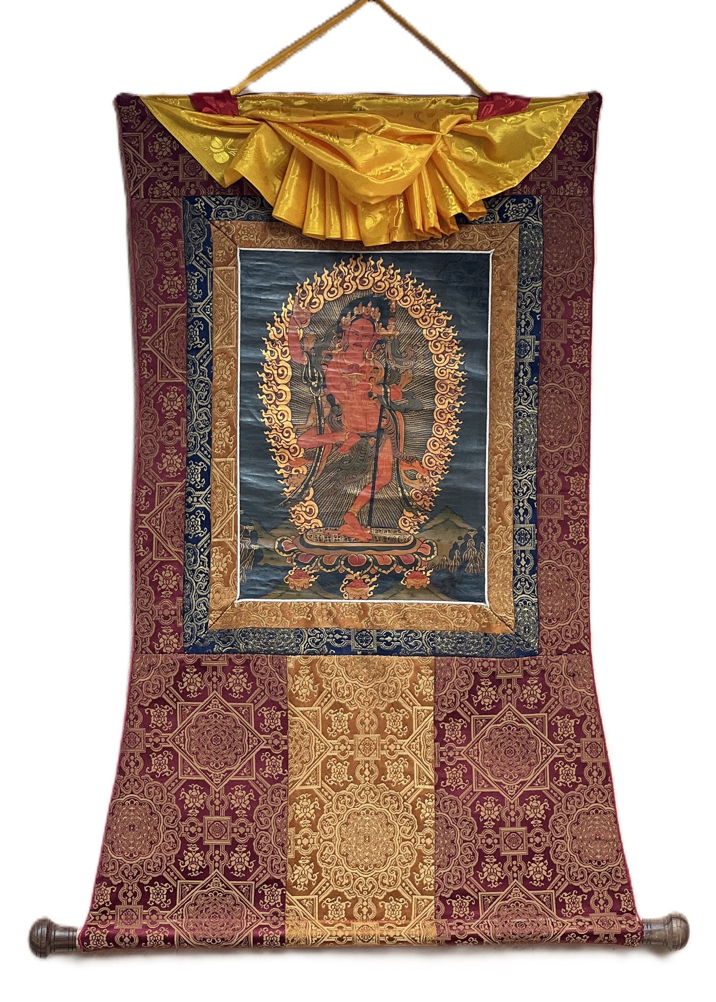 Original Hand Painted VAJRAVARAHI Jogini Ma / Dorje Phagmo Female Buddha Tibetan Thangka Old Oil Varnished With Premium Silk Brocade