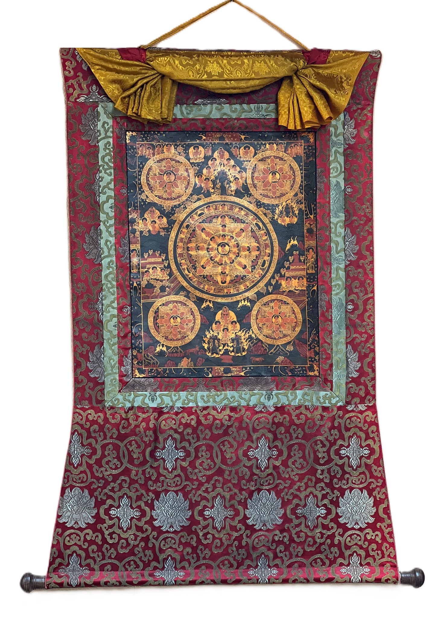 Original Hand-painted Buddha Life Bhavacakra Mandala Old Oil Varnished Tibetan Thangka Painting with Silk Brocade